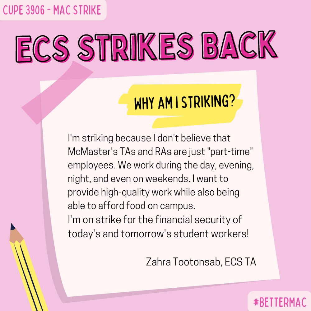 maddichan1's tweet photo. ECS STRIKES BACK 🪧 Into our third week of the #MacStrike and we are still going strong! Up next is the brilliant ECS TA and PhD @APersianz. UNITED, WE BARGAIN. DIVIDED, WE BEG. #bettermac https://t.co/hdaTwLa30g