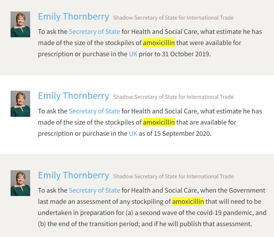 EmilyThornberry's tweet photo. What enrages me about this government is that they’re constantly taken by surprise, no matter how many times they’ve been warned. In Sep 2020, I asked how much Amoxicillin we had left in our emergency stockpiles after the first wave of Covid, and the answer came back: zero

1/2 https://t.co/DR1Wtytveb