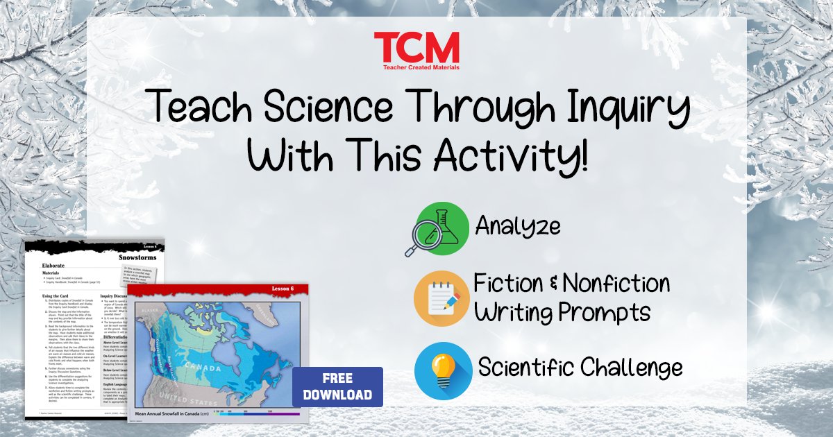 tcmpub's tweet photo. As snow starts to fall, use this FREE science inquiry activity to explore and analyze a snowfall map of Canada. Using vibrant, engaging images for science exploration, all students will make connections and relate science concepts. Download now: https://t.co/wjxmDmZZiB
#TCMunited https://t.co/k2tdmTTuxS