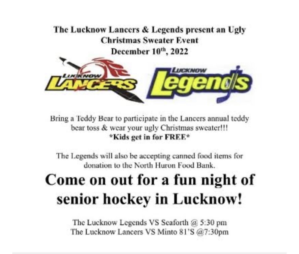 This Saturday night, let’s get the ugly Christmas sweaters out and bring your teddy bears or pajamas to donate when we score our first goal! <a href="/81shockey/">Minto 81's</a> @WOAASrHockey