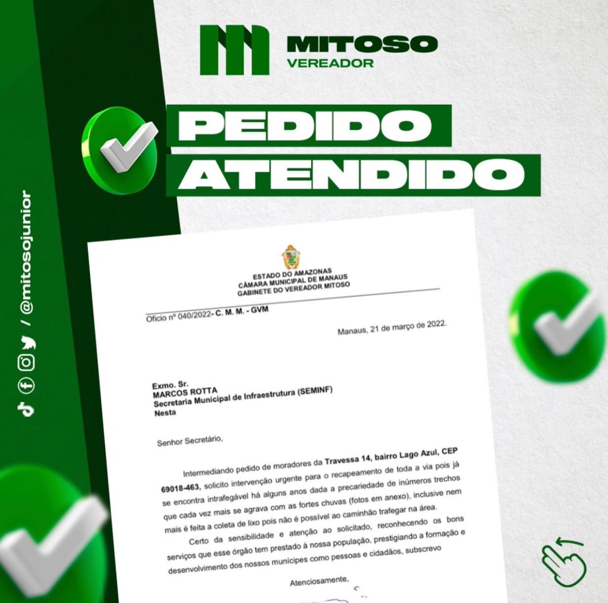 mitosojunior's tweet photo. Meus amigos, encaminhei ofício 040/2022 à Secretaria Municipal de Infraestrutura (Seminf) intermediando pedido dos moradores da Travessa 14, Bairro Lago Azul, na zona norte de Manaus, para recapeamento de toda a via. https://t.co/5Vllg4UNmD