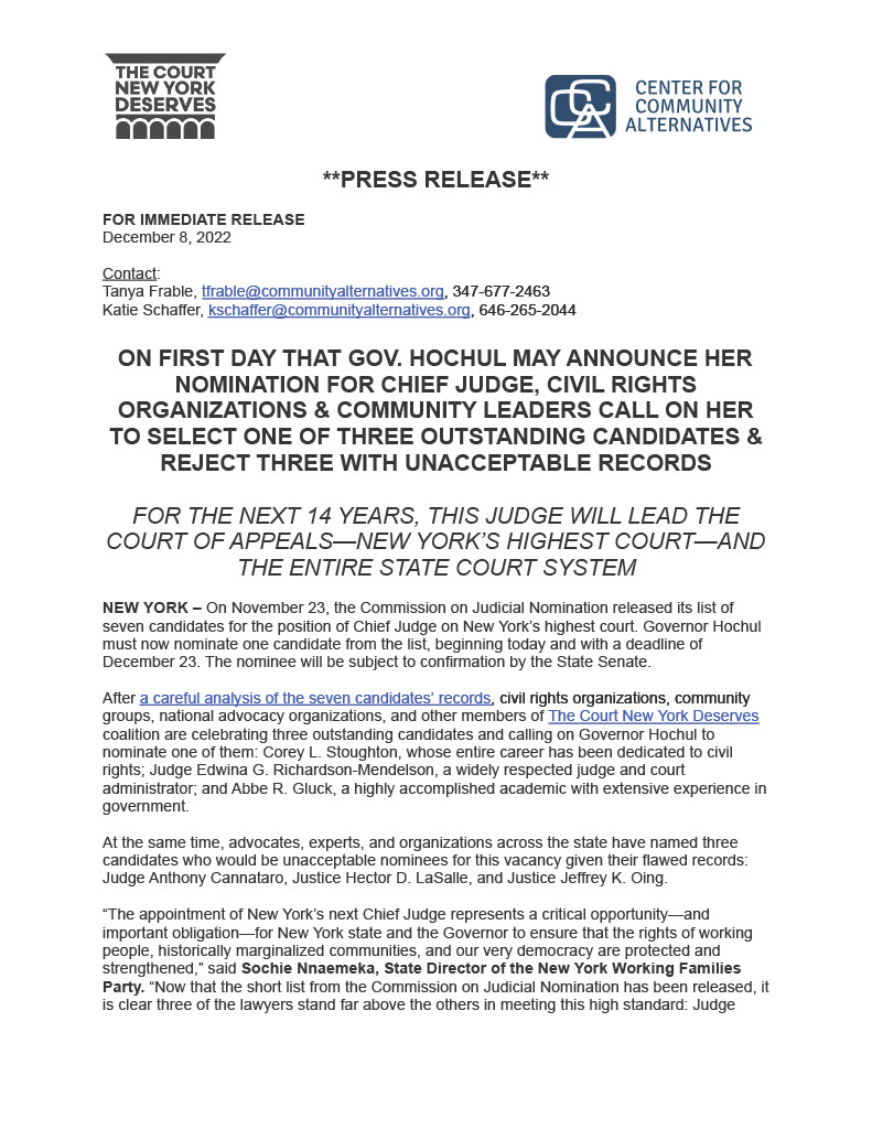 CCA_NY's tweet photo. FOR IMMEDIATE RELEASE: On first day that @GovKathyHochul may make Chief Judge nomination, members of #TheCourtNYDeserves are celebrating three outstanding candidates and call on Hochul to nominate one of them: Corey Stoughton, Judge Edwina Richardson-Mendelson, or Abbe Gluck. https://t.co/NYRk6bmLZQ