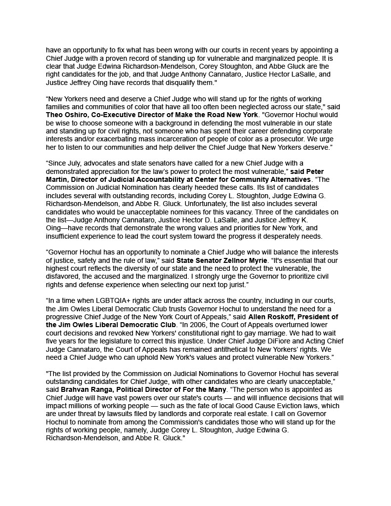 FOR IMMEDIATE RELEASE: On first day that <a href="/GovKathyHochul/">Governor Kathy Hochul</a> may make Chief Judge nomination, members of #TheCourtNYDeserves are celebrating three outstanding candidates and call on Hochul to nominate one of them: Corey Stoughton, Judge Edwina Richardson-Mendelson, or Abbe Gluck.