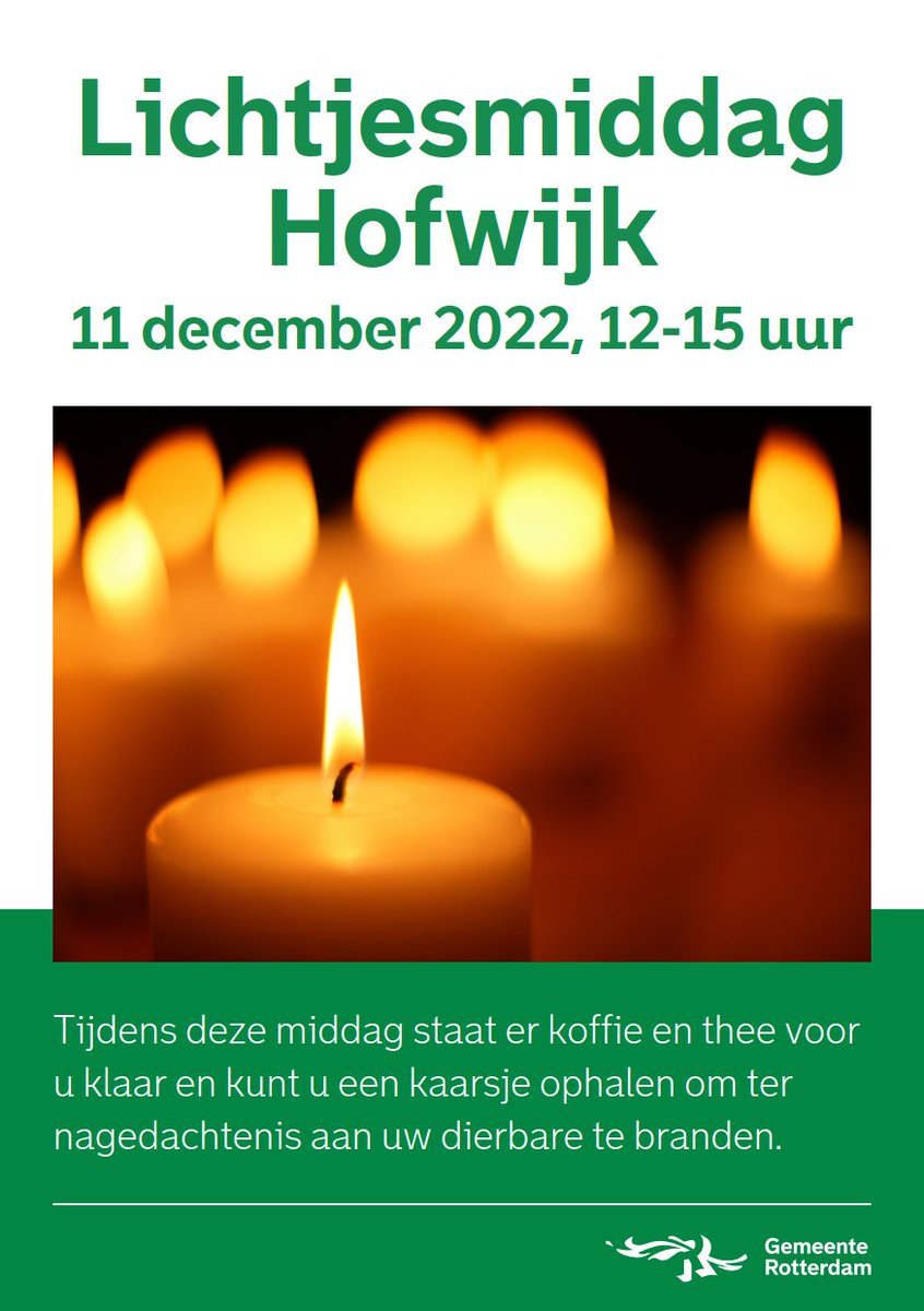 De vorige Lichtjesmiddag gemist? Kom dan zondag 11 december naar begraafplaats en crematorium Hofwijk in Rotterdam. Van 12 tot 15 uur ben je welkom om een kaarsje🕯 te branden.
Het is zondag ook Wereldlichtjesdag: een wereldwijde herdenking, speciaal voor overleden kinderen.