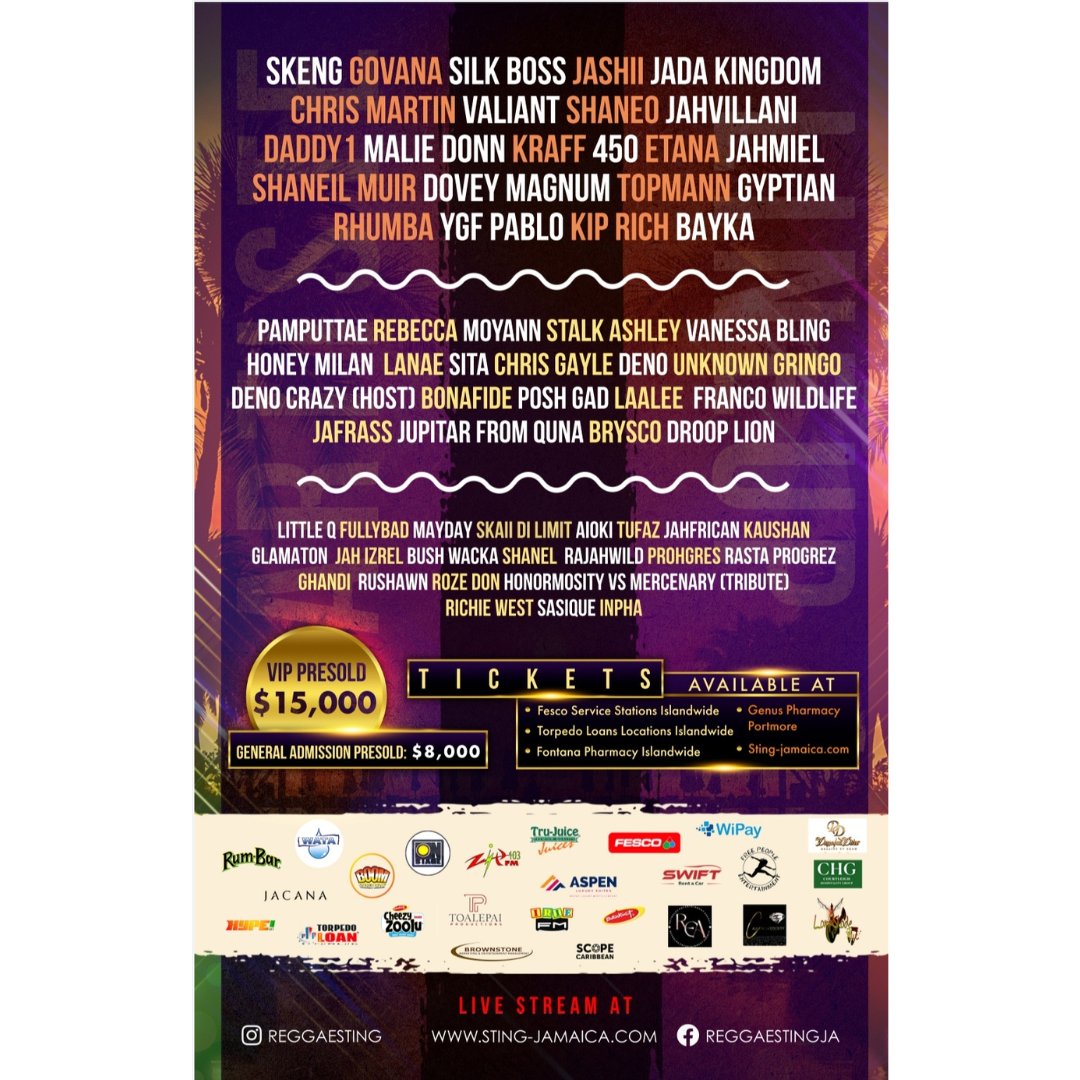 IRIE_FM's tweet photo. STING IS BACK! 
Get your tickets @fontana_pharmacy
@fescoja @torpedoloan339 @sharkiesseafoodrestaurant @plantationsmokehouse @reggaesting website and @genuspharmacy in Portmore.

#stingisback
#thestingexperience

#PaidPromo https://t.co/4idWqZerPR