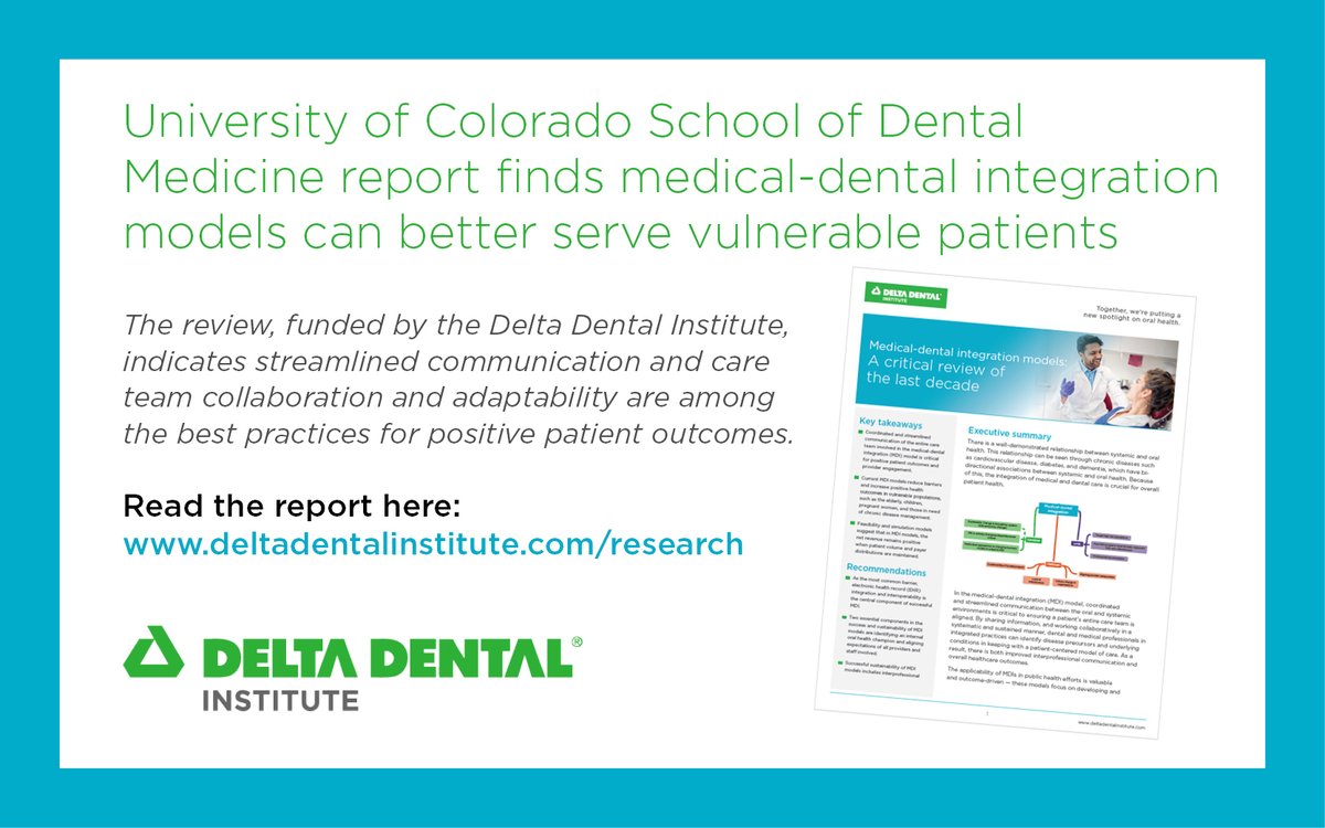 DeltaDentalInst's tweet photo. We support research on care delivery models that improve outcomes &amp; advance patient-centered care. New report from @tamannatiwari78 &amp; team at @CUAnschutz  finds integrated medical &amp; dental services are one of several models that can better serve patients. https://t.co/Rx5WftluU9 https://t.co/edGErGO9CI