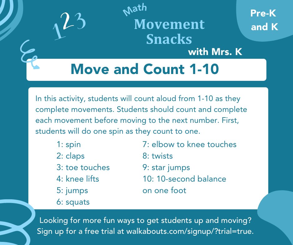 getwalkabouts's tweet photo. Looking for bite-sized ways to integrate movement into your math lessons? We hope you'll try Movement Snacks with Mrs. K and get your pre-K to 2nd grade students moving as they learn! #movementsnacks #math #moveandlearn https://t.co/bHqY2WTPzZ