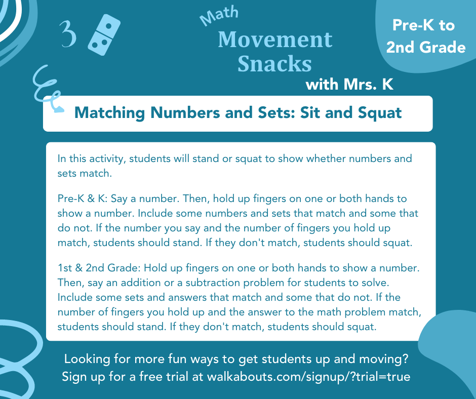 getwalkabouts's tweet photo. Looking for bite-sized ways to integrate movement into your math lessons? We hope you'll try Movement Snacks with Mrs. K and get your pre-K to 2nd grade students moving as they learn! #movementsnacks #math #moveandlearn https://t.co/bHqY2WTPzZ