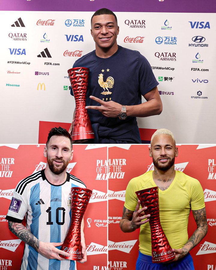 nyannthierry's tweet photo. Kylian Mbappe :

• 5 goals scored 
• 2 assists 

Lionel Messi :

• 3 goals scored 
• 1 assist 

Neymar : 

• 1 goal scored 
• 1 assist 

PSG’s trio are dominating the World Cup 🔥 https://t.co/cKLBUXlliO