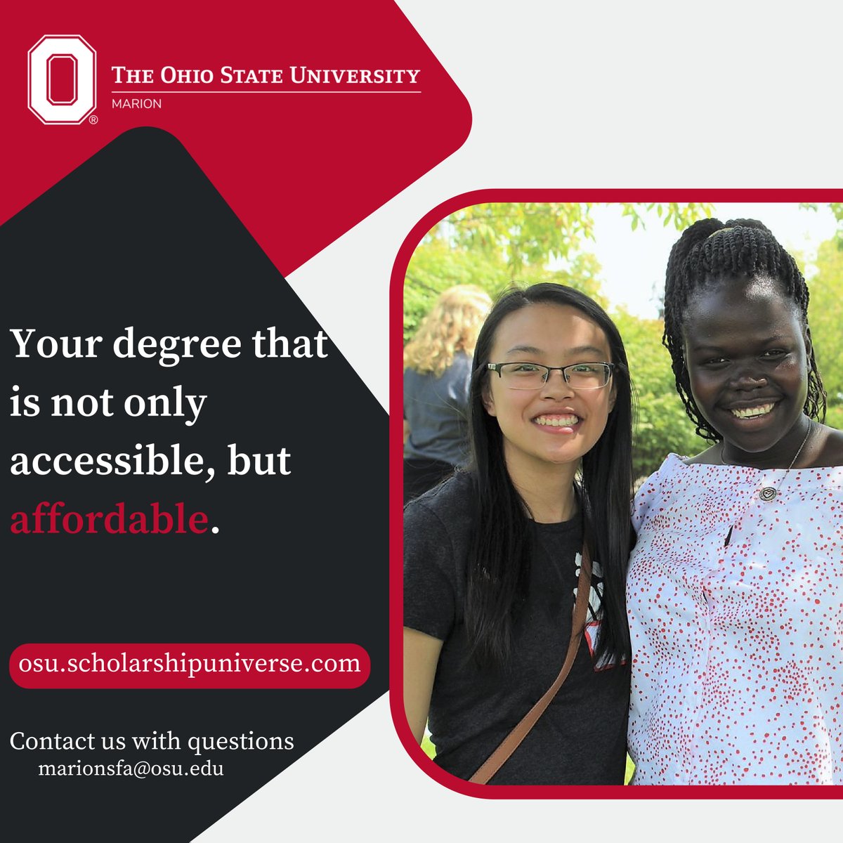OSUMarion's tweet image. The Scholarship Universe application opened December 1st! For access to both Ohio State scholarships and external scholarship opportunities, apply by February 1st at osu.scholarshipuniverse.com. Please contact our office at marionsfa@osu.edu with any questions.