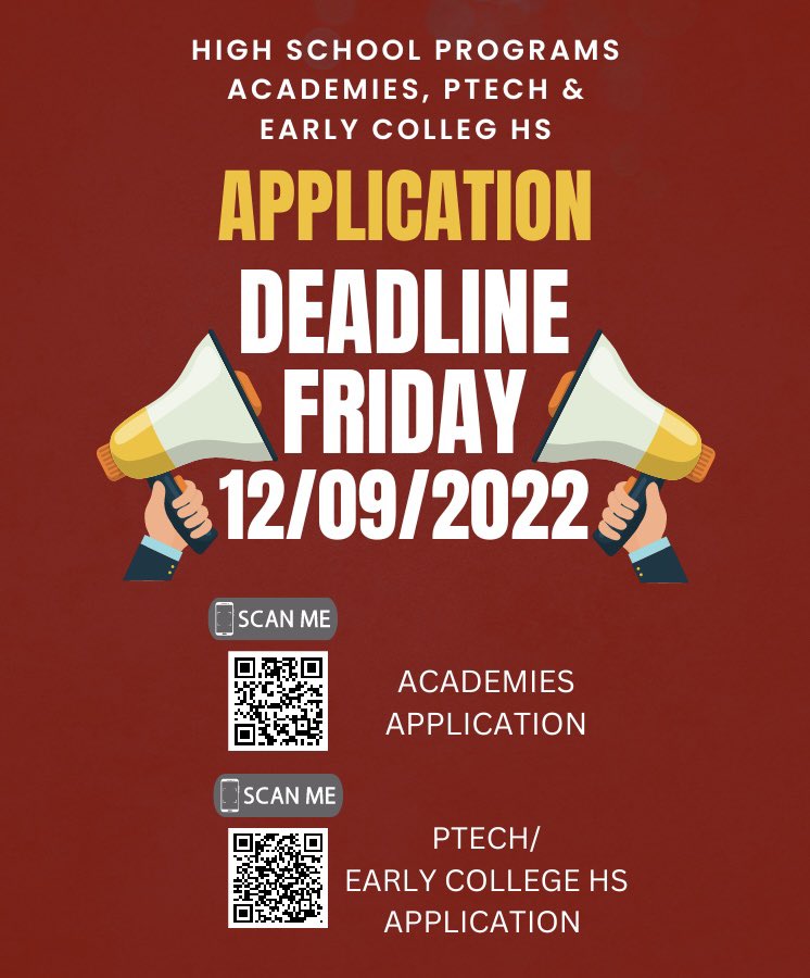 FBISDWholeChild's tweet photo. 🚨8th Grade Families🚨
TOMORROW is the LAST day to apply to one of our High School Programs of Choice‼️ 
Scan the QR codes below or visit our websites to apply‼️
@FortBendISD https://t.co/kAHqYuHLyo