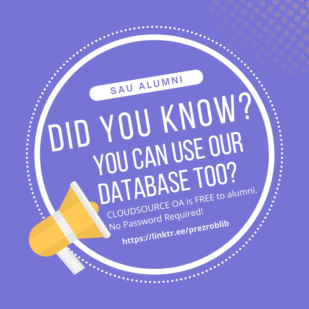 PrezRobLibrary's tweet photo. CALLING ALL @saufalcons ALUMNI! 
(https://t.co/z5gx73CgxM)
CloudsourceOA is an open access database free to all SAU alumni. And THERE'S NO PASSWORD! 
@saubluechipalumni @sau_alumniaffairs @dac_sau 
#opensource #cloudsourceoa #openaccess #hbcualumni #theprezellrrobinsonlibrary https://t.co/IwfNf3zZqd