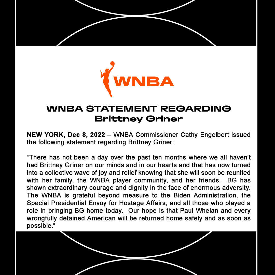 WNBA's tweet photo. The following statement was released in regards to Brittney Griner's return home: https://t.co/p0D0nhaNDW