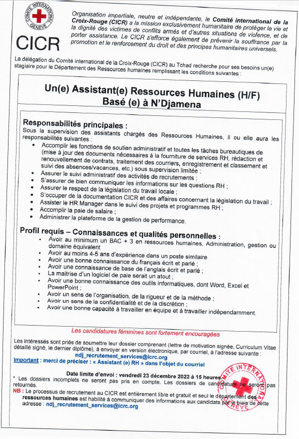 AliAbdramani's tweet photo. Pour sa délégation du TCHAD, le CICR recrute un(e)" ASSISTANT(E) RESSOURCES HUMAINES". Merci d'envoyer votre dossier (CV, Lettre de Motivation, copie de diplome) à ndj_recrutement_services@icrc.org en mentionant comme objet "ASSISTANT RH".#CICR_TCHAD #Recrutement https://t.co/qBkOgNZfuY