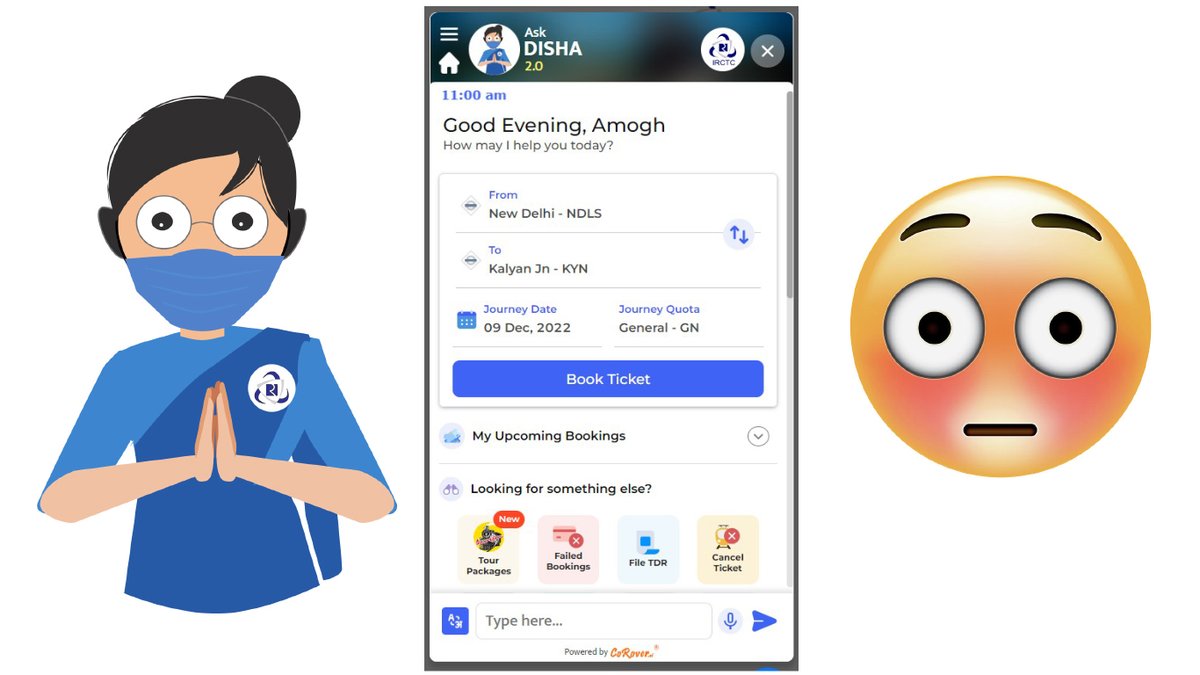AmoghIN's tweet photo. .@RailMinIndia @IRCTCofficial @CoRover_App Can you please change the glasses/eyes of AI assistant "Disha" on https://t.co/V33KJ4EUuy because it looks like she's flushed or something, which is super weird when the icon is displayed smaller.😳

Ref image below https://t.co/InU3WfgWkB