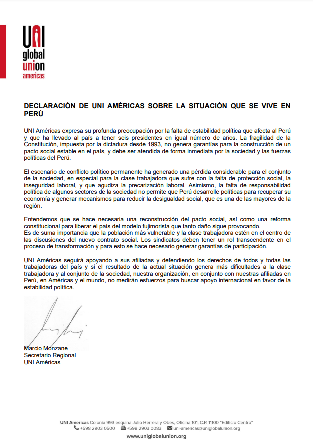 🚨<a href="/uniamericas/">UNI Américas</a> expresa preocupación por la estabilidad política en Perú y sus consecuencias a lxs trabajadorxs y no medirá esfuerzos para buscar apoyo internacional en favor de la estabilidad política.

✊🏿Hoy, todo nuestro apoyo a nuestras afiliadas.