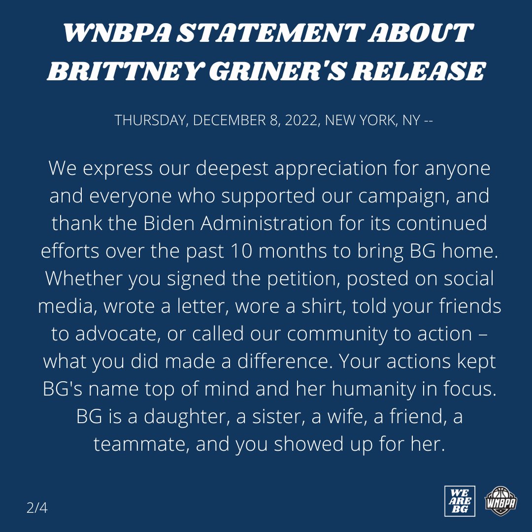 TheWNBPA's tweet photo. WNBPA Statement about Brittney Griner's release.

#WeAreBG https://t.co/u2icvVN5Jd