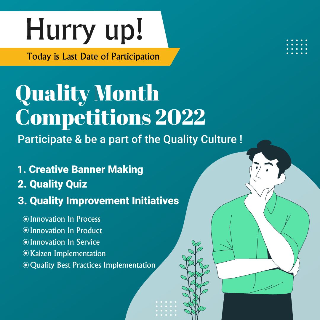 QualityCouncil's tweet photo. Final call for participation! Quality Month 2022 is live! Quality Council of India invites you to participate in #QualityMonthCompetitions. 
Participation is free! https://t.co/0sFArClE0k