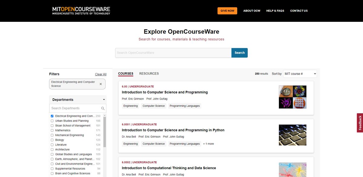7. MIT OpenCourseware

Courses from none other than one of the best technical schools in the United States, MIT.

A wide array of topics to learn about, including hundreds of courses relating to programming, development, and computer engineering.

👉 ocw.mit.edu/search/?d=Elec…