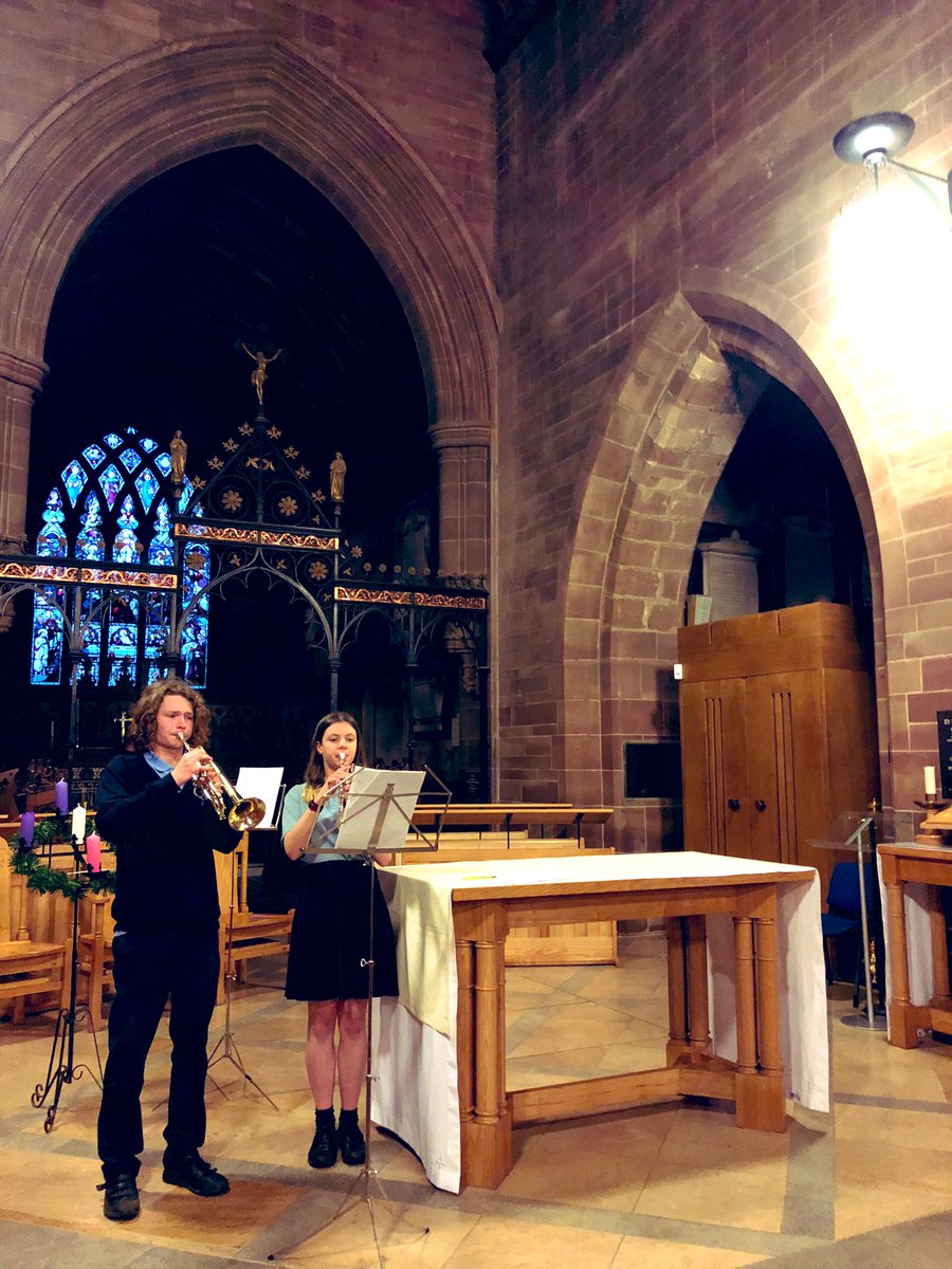 Two QB trumpeters rehearsing before their involvement in the Carols for the Business Community service next week #QBArts