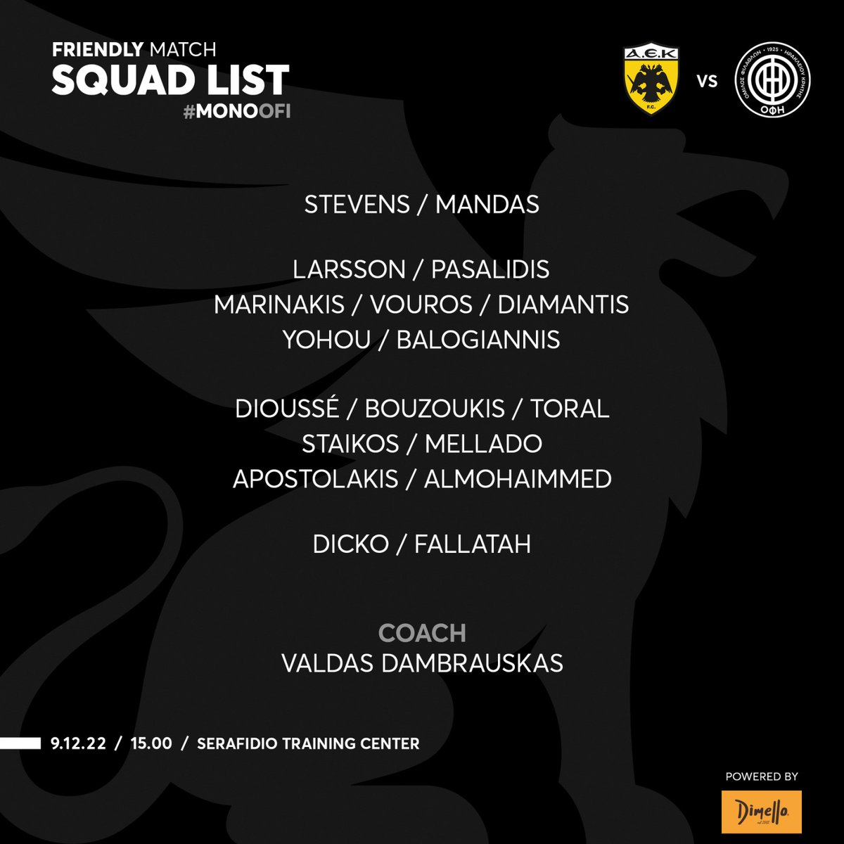 H αποστολή της ομάδας μας για τον φιλικό αγώνα με την ΑΕΚ ___ Our squad list for the friendly match against <a href="/AEK_FC_OFFICIAL/">AEK F.C.</a>

#oficretefc #oficrete #ofifc #friendlymatch #greece #football #crete #monoOFI