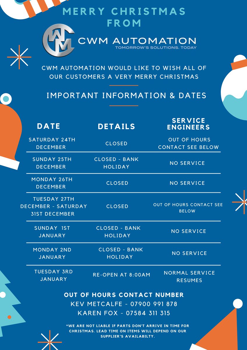 CWMAutomation's tweet photo. CWM's #Christmas opening hours and out-of-hours contacts below.

We would like to wish you a Merry Christmas and thank you for your continued support throughout 2022! 🎄🎅 https://t.co/3sjKY8vk30