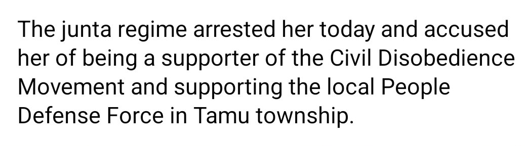 TheChindwin's tweet photo. Mrs Daw Tin Tin Hlaing (aka) Leh Leh is arrested today in Tamu – a border town, by the junta security forces within hours of her Facebook comment on a lady killed on the road by an armed group on 05 December in Tamu town of Sagaing region in northwest Myanmar. https://t.co/qQWJOtOB6p