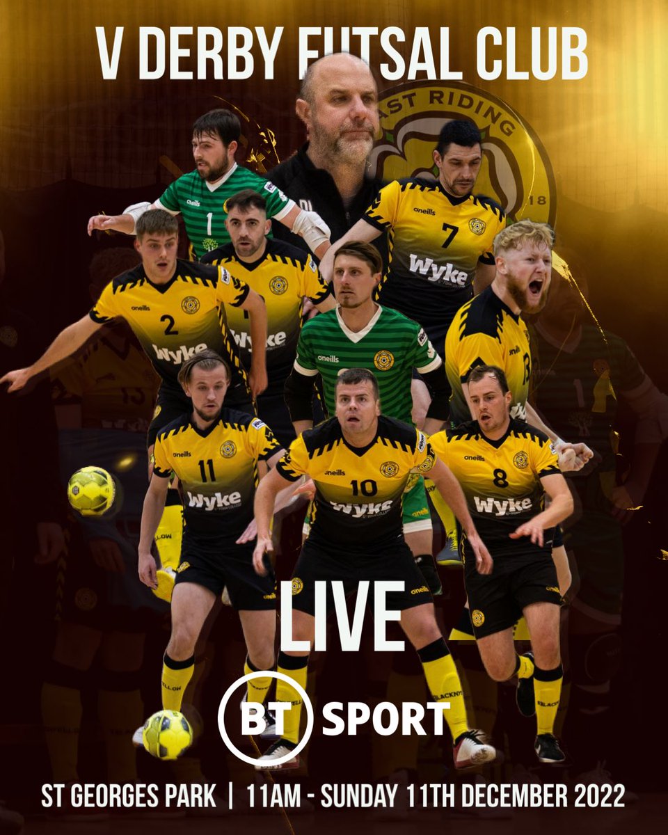 ERFutsalClub's tweet photo. Breaking News! We’re Live On BT Sport at the Home England Football &amp; Futsal

Sunday’s @FA_NFS Tier 2, top of the table clash v @derby_futsal has been moved to St George’s Park, which will also be aired Live on BT Sport. This huge fixture just got even bigger. 

#BlackNYellow https://t.co/f02TbAKgv7