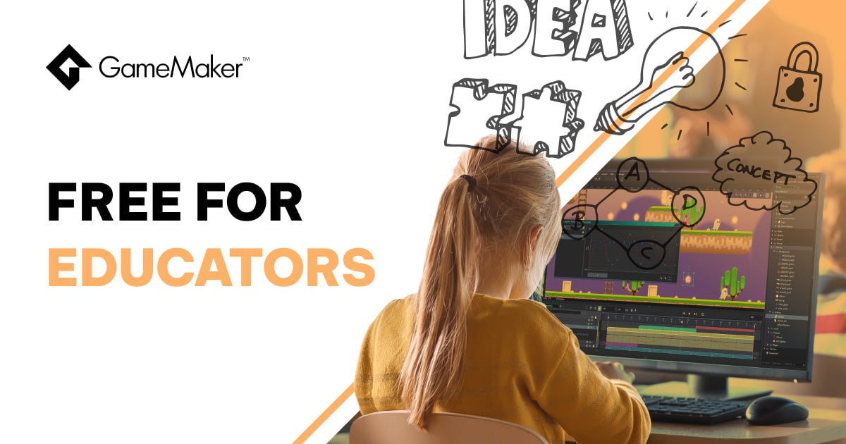 GameMakerEngine's tweet photo. 📢 Starting today #GameMaker is now free to use in schools! 🏫🎓 
READ: https://t.co/vQ0uXMLWPb https://t.co/dKKQ39SYRu