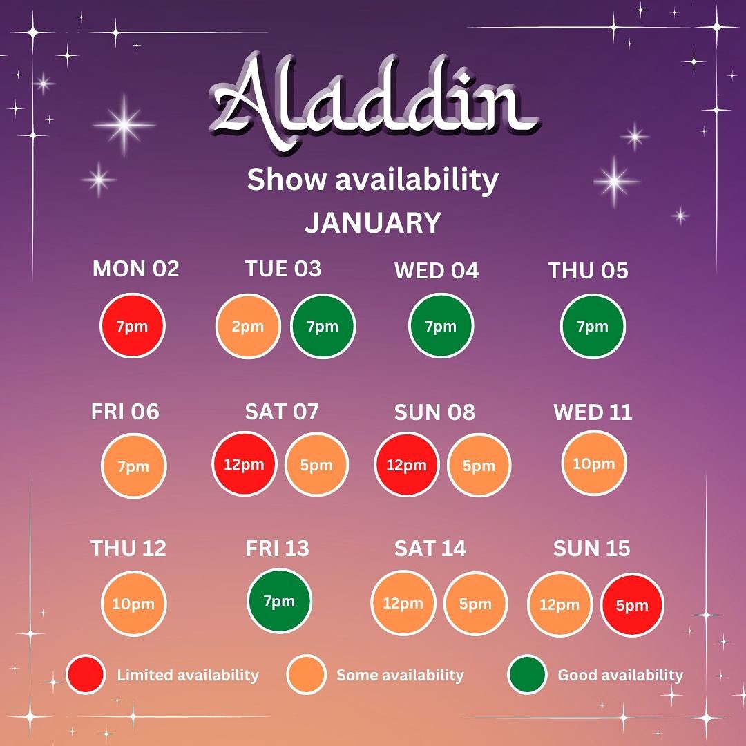 HGtheatre's tweet photo. A huge 80% of tickets have already been sold for Aladdin!🧞‍♀️

You’ll find the best availability in January. Take a look at where you can get the best seats and grab those last few tickets.

You won’t want to miss our magical #HTPanto this festive season!

🎟️https://t.co/5vsJFOSShp https://t.co/D4M86Lgp2k