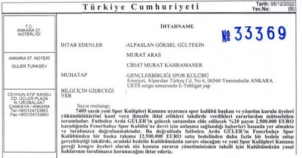 G_Birligi_Haber's tweet photo. Arda Güler için ihtarname!

Gençlerbirliği'nin genel kurul üyeleri Alpaslan Göksel Gültekin, Murat Aras ve Cihat Murat Kahramaner, Arda Güler'in yüzde 20'lik hakkının Fenerbahçe'ye devriyle ilgili kulübe noter kanalıyla ihtarname yolladı. https://t.co/Chj91MqFAI