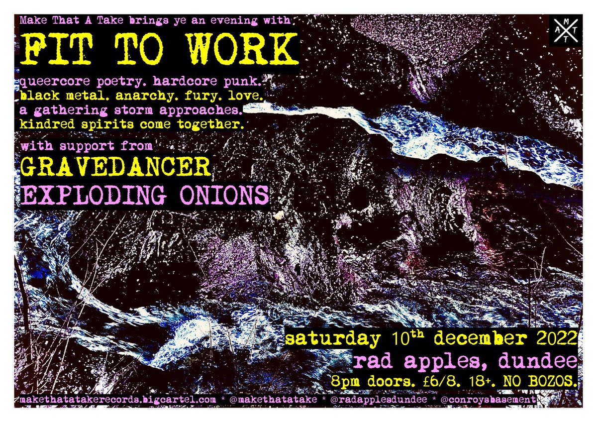 makethatatake's tweet image. 🔥THIS SATURDAY🏴

An evening of #queercore #poetry &amp;amp; blackened #hardcore #punk #noise from one of Scotland’s most vital #cultural exports

Joined in #conroysbasement at @radapplesdundee by Satan’s finest GRAVEDANCER &amp;amp; #glasgow punks @explodingonions

8pm, £6/8
🎟 #linkinbio

☠️
