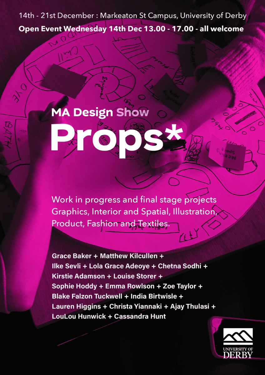 🥳Join us for a showcase celebrating interim work and final projects from MA/MDes Design @DerbyUni Props* opens on 14 December at 1pm in The Street at Markeaton Street.