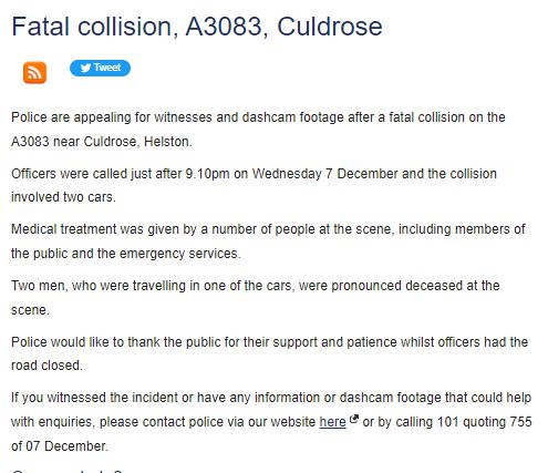 DC_Police's tweet photo. #LatestNews - Police are appealing for witnesses and dashcam footage after a fatal collision on the A3083 near Culdrose, Helston.

https://t.co/fmJcwnYJUg https://t.co/Z7NOormhVG