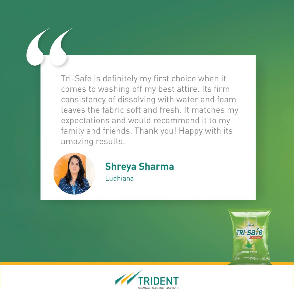 TridentGroupGLB's tweet photo. Deeply cleansing your clothes and making them hygienic, Tri-Safe has become part of many Indian households. Swipe next to know the voice of our customers. 
Try neem enriched Tri-safe washing powder now. Available on https://t.co/qgp2GslFAh and your nearest retail store.
#TriSafe https://t.co/QzJWvWCnH7