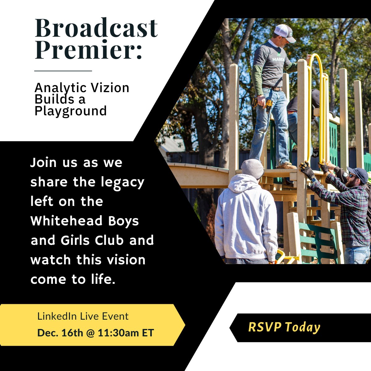 All the good feels as we reminisce on the legacy left as the community came together to build a playground. Attend our LinkedIn Live Event as we share the story and say thanks. 

RSVP here:
ow.ly/riWo50LKpkn