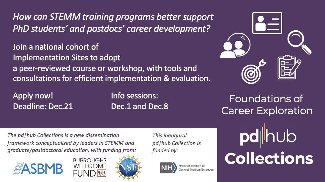 Seeking to enhance how your training program supports #PhD students/postdocs in their career planning? Apply now to access lesson plans & expert consultations via @NIH-funded #pdhubCollections @pdhubSTEM. Information session December 8 bit.ly/3EUsBSc