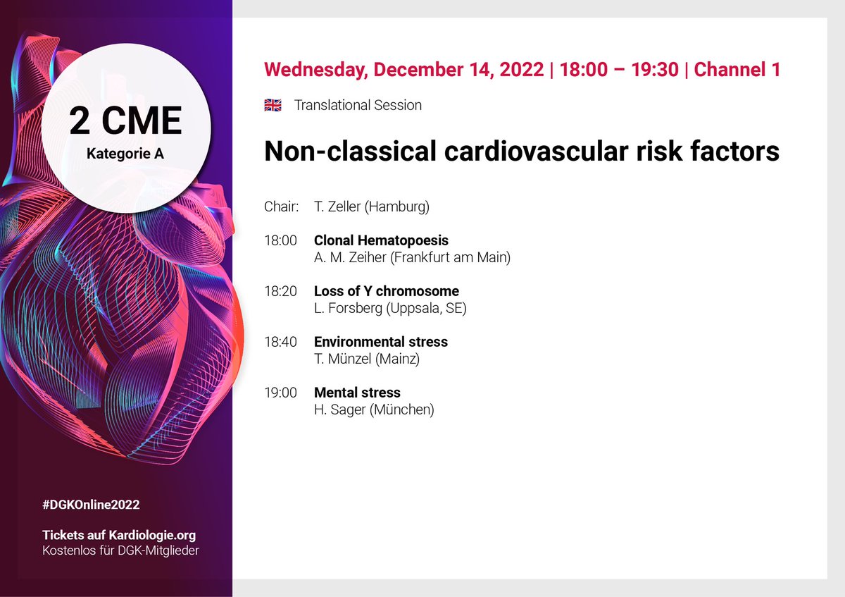 Excited for next week’s translational session at #DGKOnline2022 🔥
@kardiologie_org 

Non-classical cardiovascular risk factors 
🔍 CHIP, loss of Y-chromosome, mental and environmental stress

With @AndreasZeiher @tmuenzel @HendrikSager #TZeller #LForsberg

#DGK_Basic @DGK_org