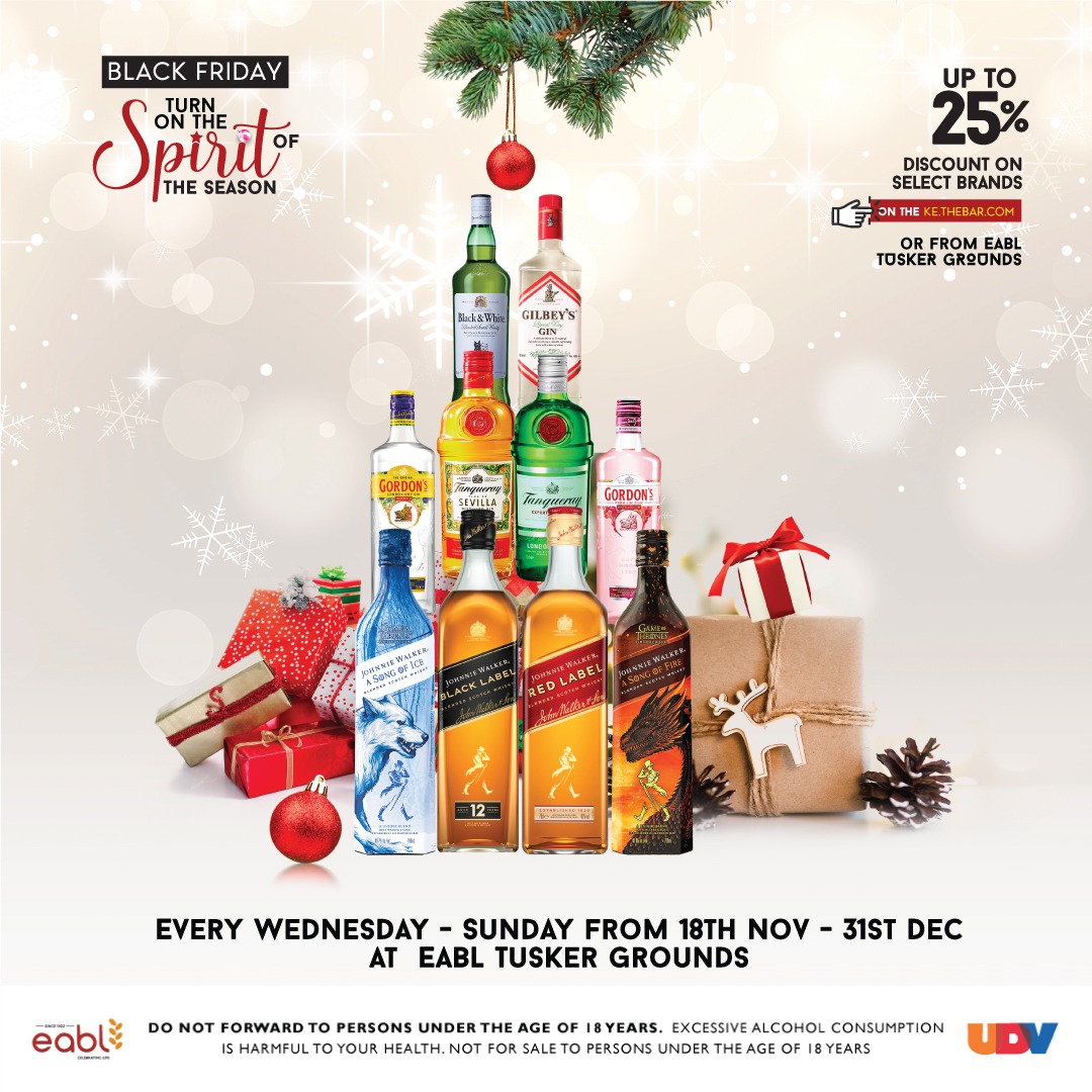 Ni krismas ki offer na #EablChristmassOffers coz you can now enjoy 25% & 50% discounts on your favorite brands from Eabl Tusker grounds every Wednesday- Sunday or Purchase at Ke.thebar.com 
Turn on the spirit of the season with family & friends.