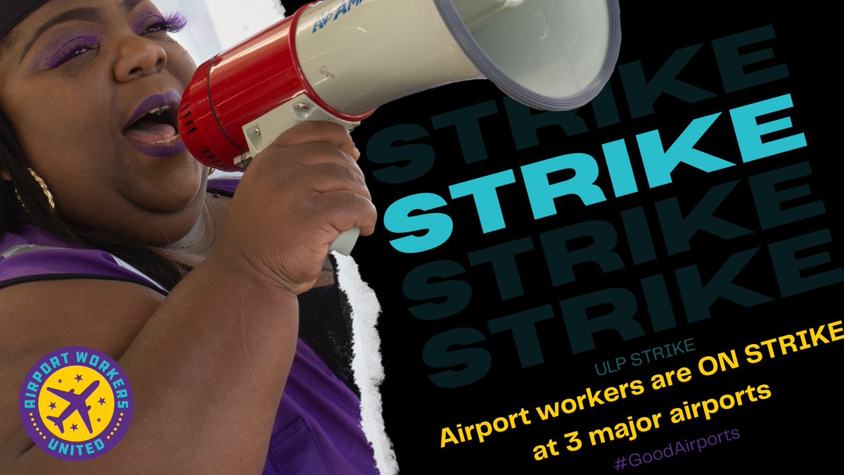 GoodAirports's tweet photo. 🚨Airport workers in BOSTON, NEWARK &amp; CHICAGO are on STRIKE to protest unfair labor practices &amp; unfair working conditions! And airport workers nationwide are taking action at airports that control 45% of all U.S. domestic air travel to demand #GoodAirports https://t.co/2nKmhjqzAg https://t.co/SqhXo0QScq