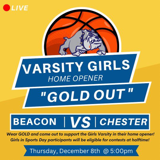 Home Opener vs. Chester and our Gold Out! Tipoff at 5pm and JV at 6:45. Come out and support! <a href="/BCSDBulldogs/">Beacon Athletics</a> <a href="/CoachCarofano/">Michael Carofano</a>