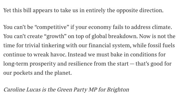 Great piece from @CarolineLucas in the Times yesterday about the dangerous financial deregulation agenda. We need regulators to be given statutory objectives for climate & nature, not 'growth & international competitiveness'. Full piece (paywalled) thetimes.co.uk/article/climat…