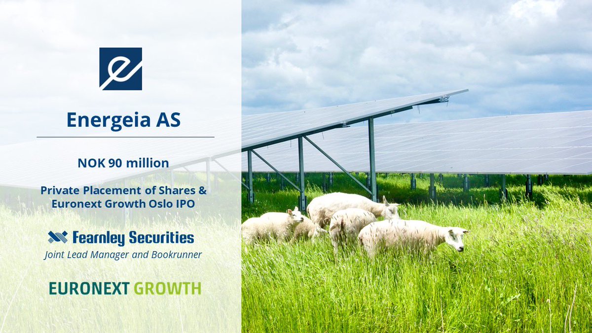 FearnleySec's tweet photo. Fearnley Securities congratulates Energeia with the successful NOK 90m private placement and listing on Euronext Growth Oslo. Energeia is a Norwegian company whose business since 2010 has been to develop, build and operate photovoltaic solar power plants for long-term ownership. https://t.co/l19POso3Es
