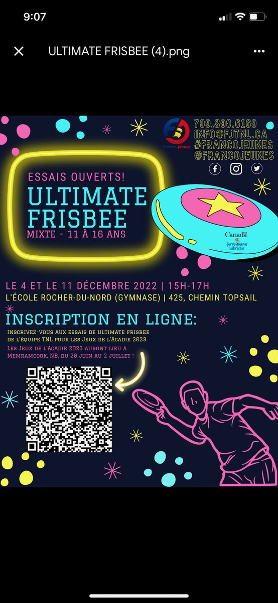 Ultimate Frisbee team to go to the Acadian Games which take place from June 26 - July 1 in Memramcook, New Brunswick

Tryouts are Sunday, Dec 11 from 3 - 5pm at the school for the deaf, next to Waterford Valley High School.