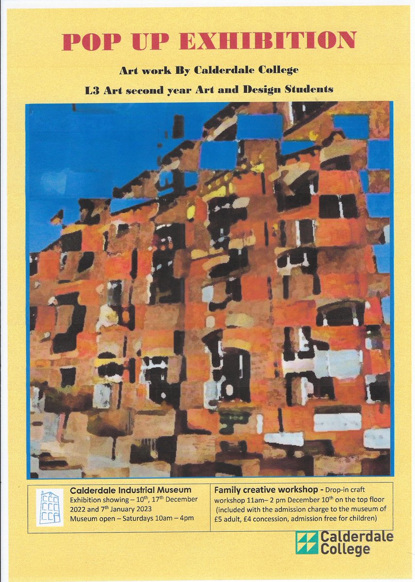 Here at Calderdale Industrial Museum, we are very pleased to be hosting a special pop up exhibition called Connections, by the L3 2nd year Art and Design Students at Calderdale College on Saturdays 10th and 17th December 10am to 4pm. See more at calderdaleindustrial.co.uk