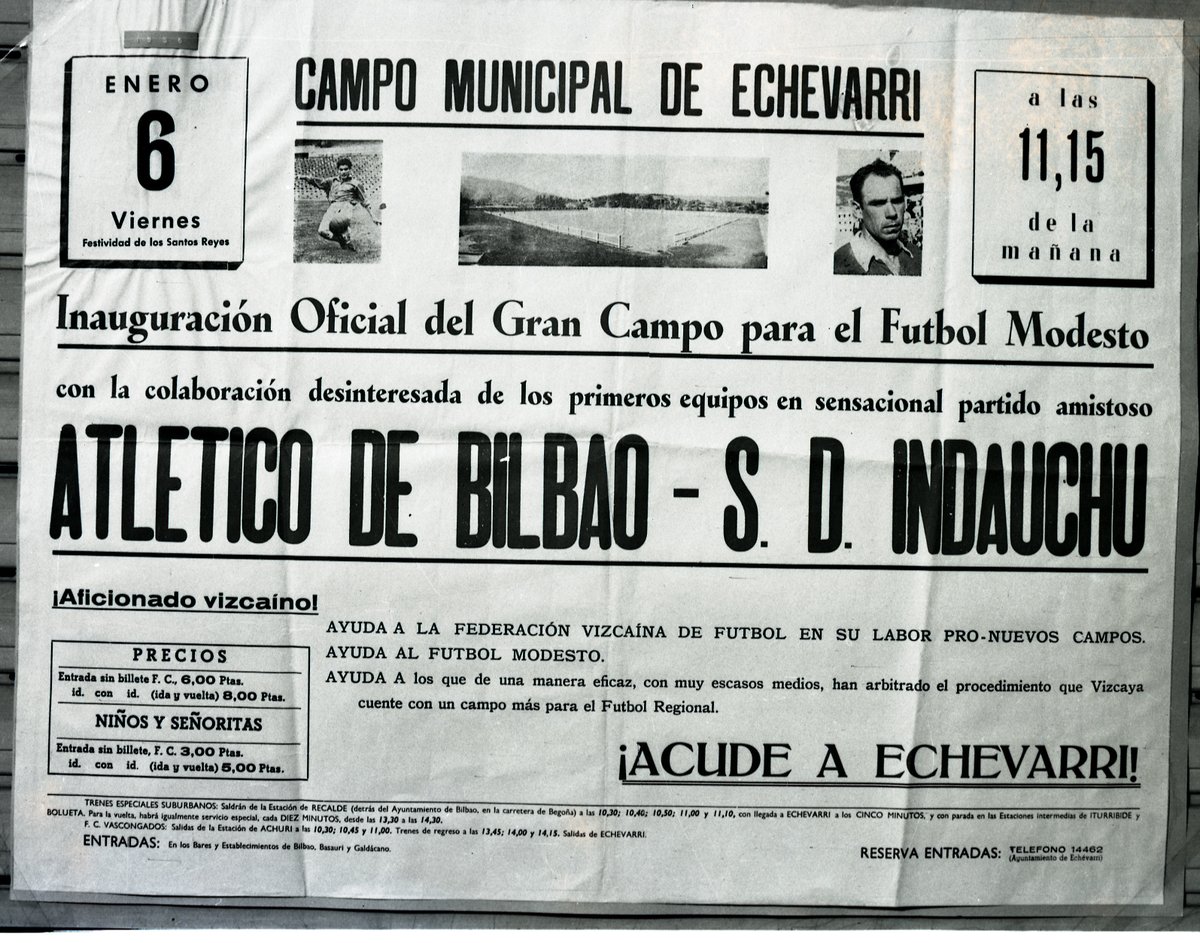 jonjrivasa's tweet photo. Inauguración del campo de Etxebarri. Entrada con billete de tren, ida y vuelta, seis pesetas. Niños y señoritas, cinco pesetas. https://t.co/YwZ1xj46DN