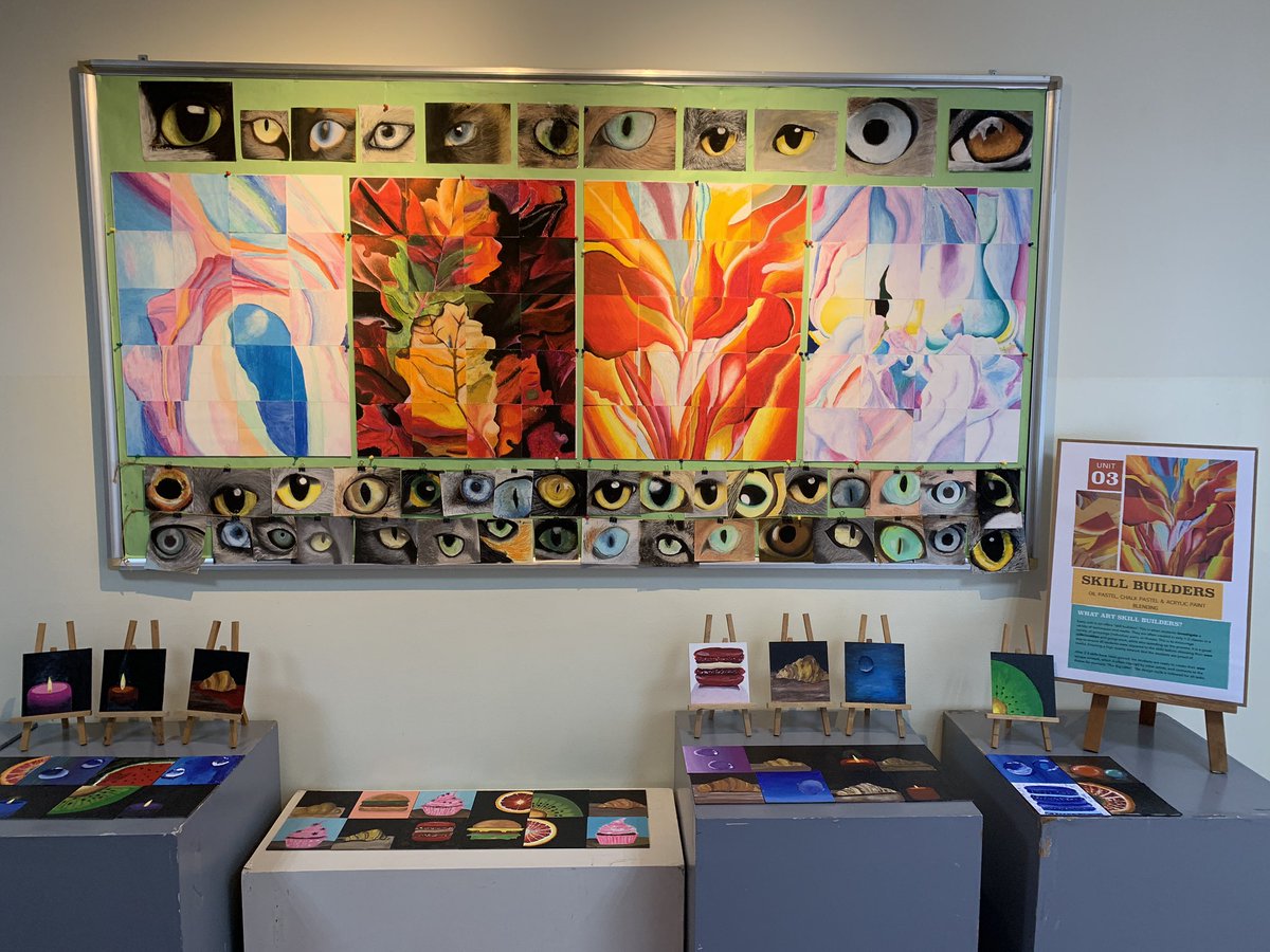 I am so proud of my G7 &amp; 8 skill builders. They have been exploring chalk, oil pastel, &amp; paint. Now it’s student choice for theme &amp; media, inspired by Macro/ Micro photos. #arted #artsed #middleschoolart #macrophotography #ssischool