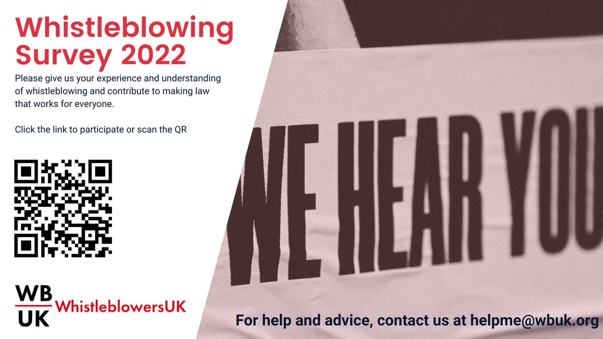 WB_UK's tweet photo. Do you have an experience whistleblowing? We want to hear from you as part of our Whistleblowing Survey 2022 - Click Here or scan the QR  code https://t.co/0qKuC0aFTQ https://t.co/pGhdv09Gme