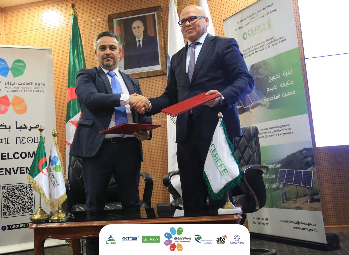 GTAlgerie's tweet photo. وقع مجمع اتصالات الجزائر و المحافظة للطاقات المتجددة و الفعالية الطاقوية التابعة لمصالح الوزير الأول، اليوم الخميس 08 ديسمبر 2022، على اتفاقية تعاون إطار تهدف إلى تعزيز كفاءة الطاقة و تطوير الطاقات المتجددة في قطاع الإتصالات. https://t.co/ILTSC1AQRl