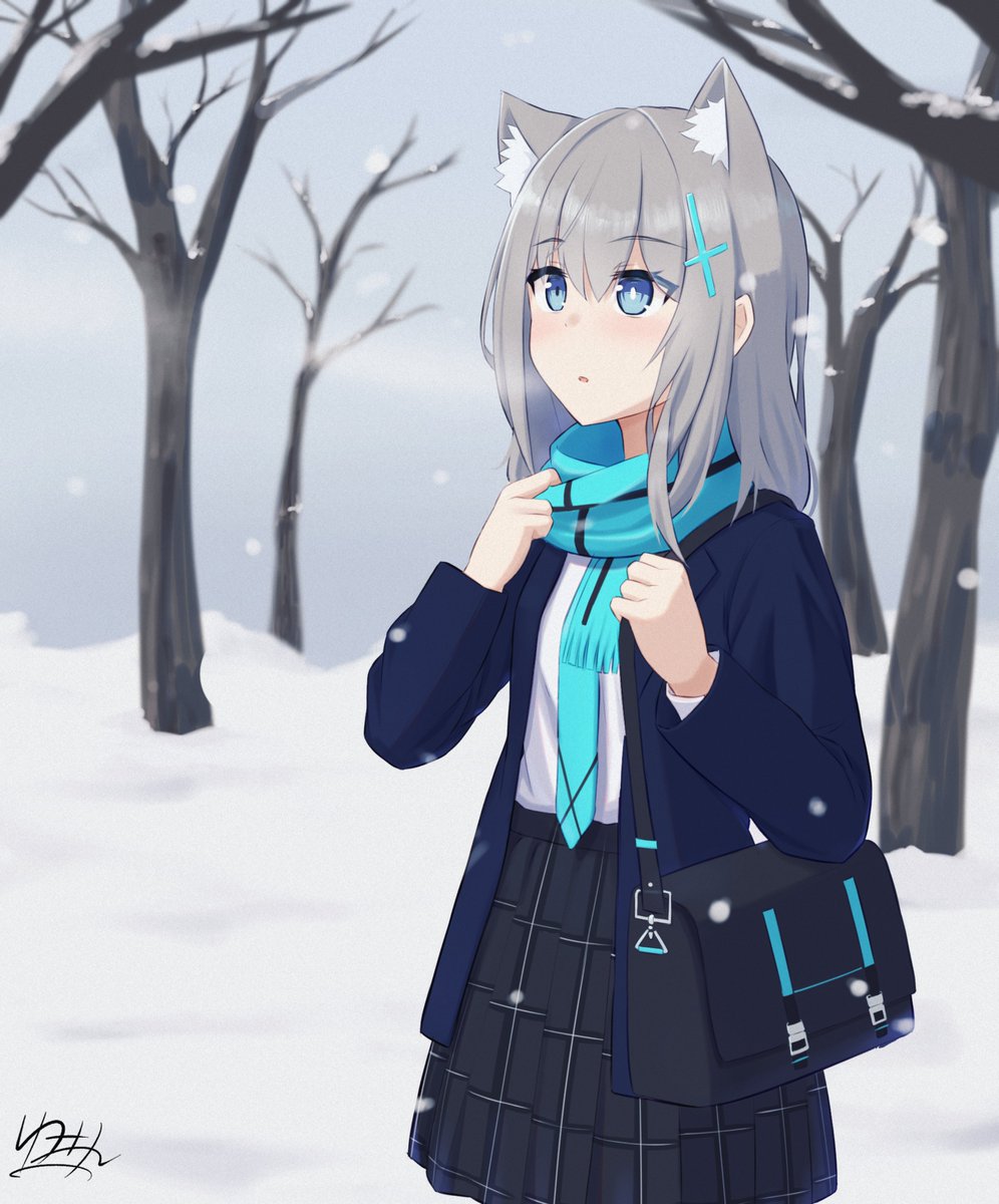 shiroko (blue archive) 1girl solo animal ears scarf bare tree skirt blue scarf  illustration images